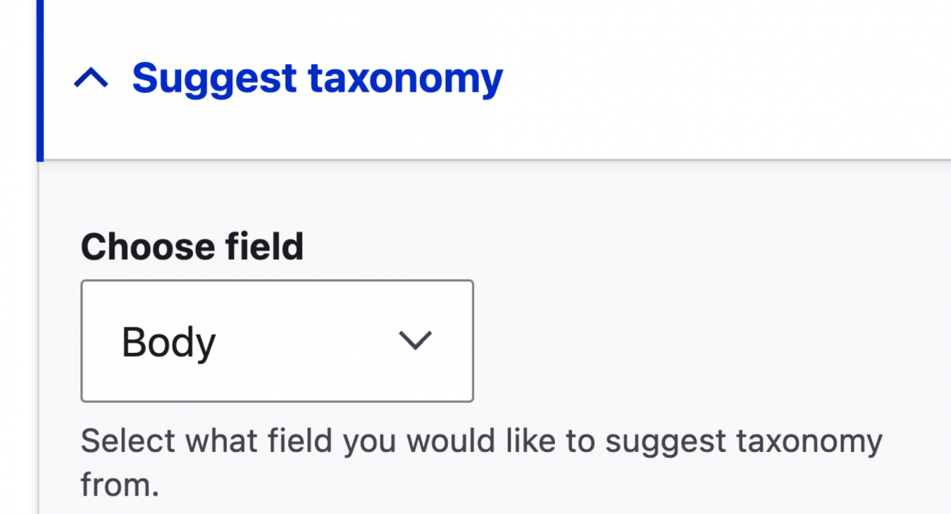 Select a field and the "Suggest Taxonomy" button will generate terms derived from your content.